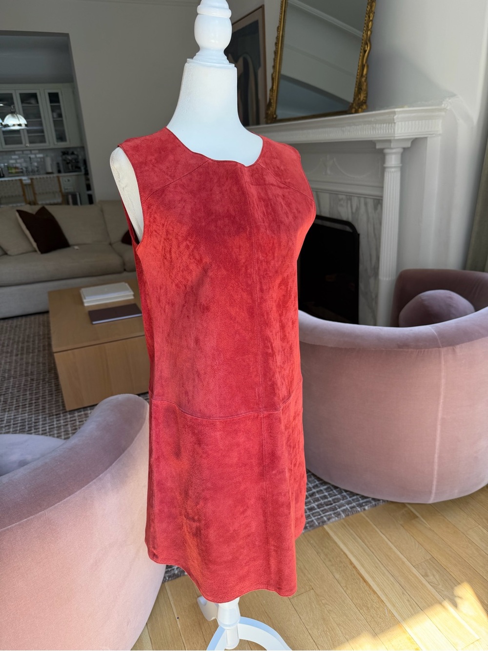 Red holiday shift dress suede